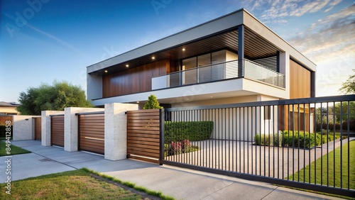 Modern house with fence and automatic Sliding Gate, modern, house, fence, automatic, sliding gate, home