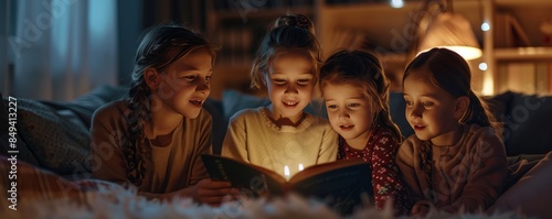 Wallpaper Mural Friends having a storytelling night for National Young Readers Day, November 10th, sharing favorite books and stories, 4K hyperrealistic photo. Torontodigital.ca