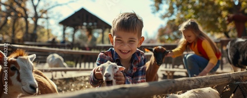 Kids having fun at a petting zoo for National Petting Zoo Day, interacting with cute animals, 4K hyperrealistic photo.