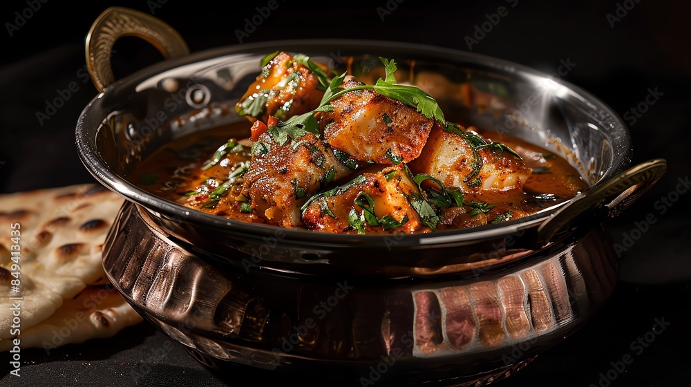 Indian fish curry with chunks of marinated fish in a spicy tomatobased sauce, garnished with fresh coriander, served in a metal bowl with naan bread Indian fish curry with chunks of marinated fish in a spicy tomatobased sauce, garnished with fresh coriander, served in a metal bowl with naan bread