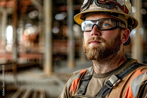 A person wearing a hard hat and glasses on a construction site or in a workshop