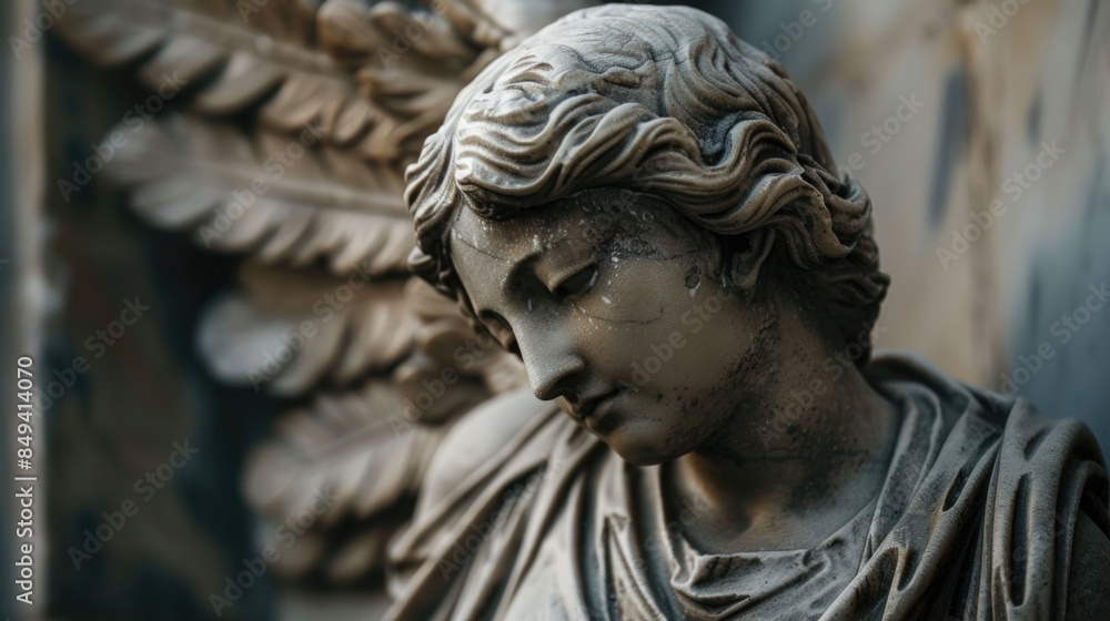 A close-up shot of a statue depicting an angel, suitable for use in religious or inspirational contexts A close-up shot of a statue depicting an angel, suitable for use in religious or inspirational contexts