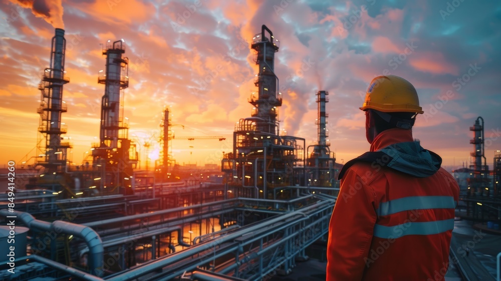 Worker in an orange jumpsuit stands atop a platform overlooking a sprawling refinery at sunset, silhouetted against the fiery sky. Worker in an orange jumpsuit stands atop a platform overlooking a sprawling refinery at sunset, silhouetted against the fiery sky.