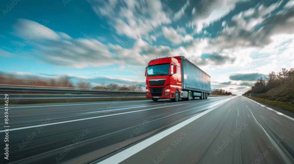 Red truck driving fast on a highway under cloudy sky Red truck driving fast on a highway under cloudy sky