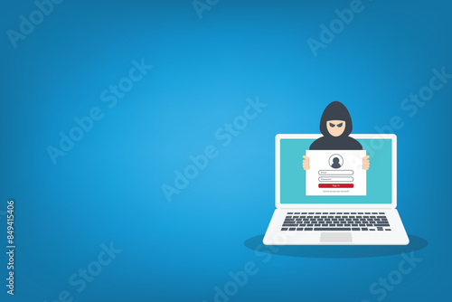 Hacker, cyber criminal looking for password trying to hack security. Credit card, bank account hacking. Vector illustration	