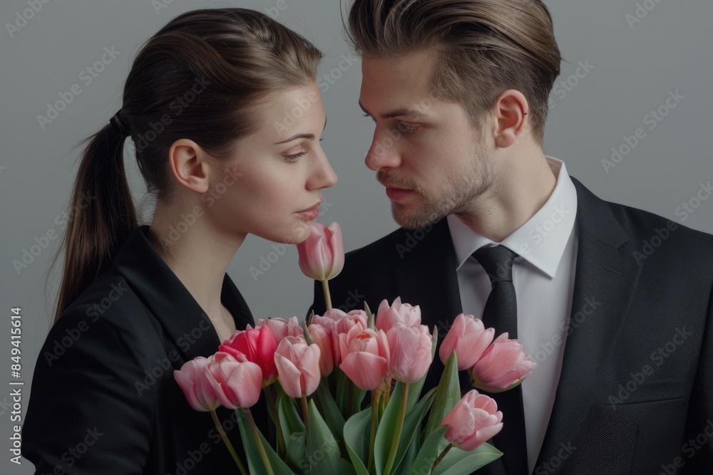 A pair of people holding a bouquet of tulips, a symbol of love and friendship A pair of people holding a bouquet of tulips, a symbol of love and friendship