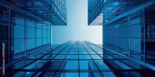 office, building, View of a contemporary glass skyscraper reflecting the blue sky