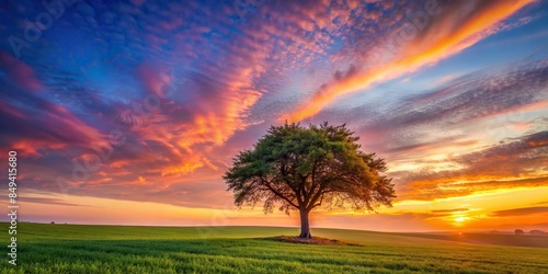 Lone tree in sunlit field under vibrant sky transitioning from day to evening, nature, landscape, tranquil, serene, solitary