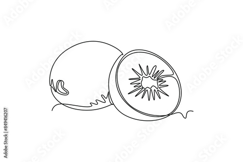 Continuous one line drawing of whole and half sliced healthy organic kiwi for orchard logo identity. Fresh tropical fruit concept for garden icon. Single line draw design vector graphic illustration