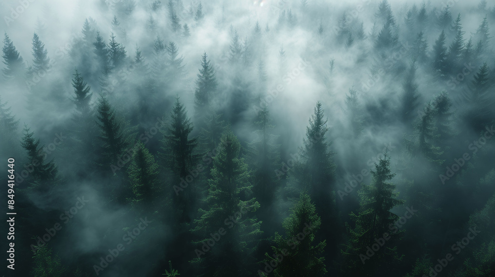 Aerial view of a dense forest covered in mist, creating a mysterious and serene atmosphere. Aerial view of a dense forest covered in mist, creating a mysterious and serene atmosphere.