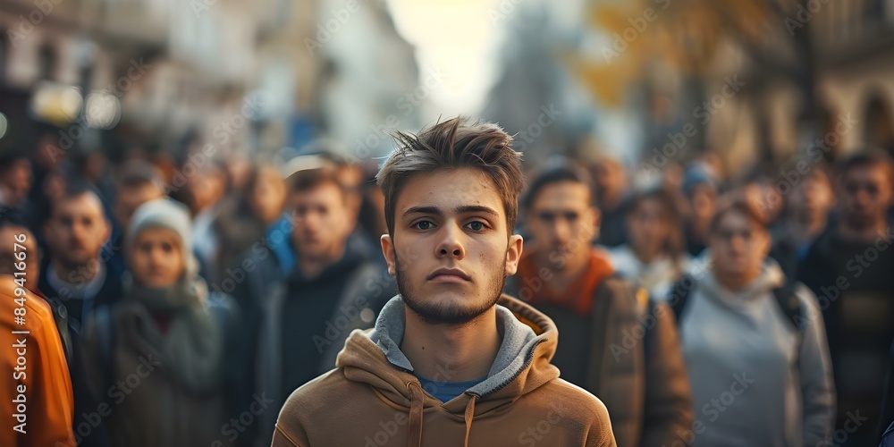Standing Out A Determined Gaze Amidst a Bustling City Crowd. Concept Cityscape Photography, Street Portraits, Urban Lifestyle, People in Focus, Candid Moments Standing Out A Determined Gaze Amidst a Bustling City Crowd. Concept Cityscape Photography, Street Portraits, Urban Lifestyle, People in Focus, Candid Moments