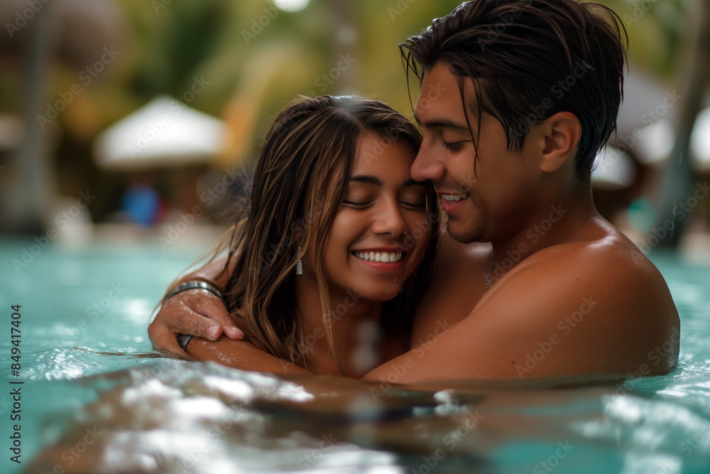 Couple in love hugging smiling in the pool, vacation, relaxation, fun Couple in love hugging smiling in the pool, vacation, relaxation, fun