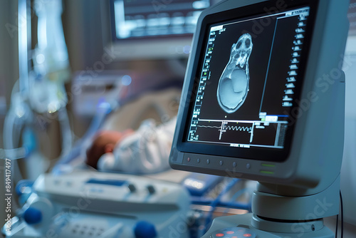 A detailed echograph of a fetus on an advanced ultrasound monitor in a modern medical office. photo