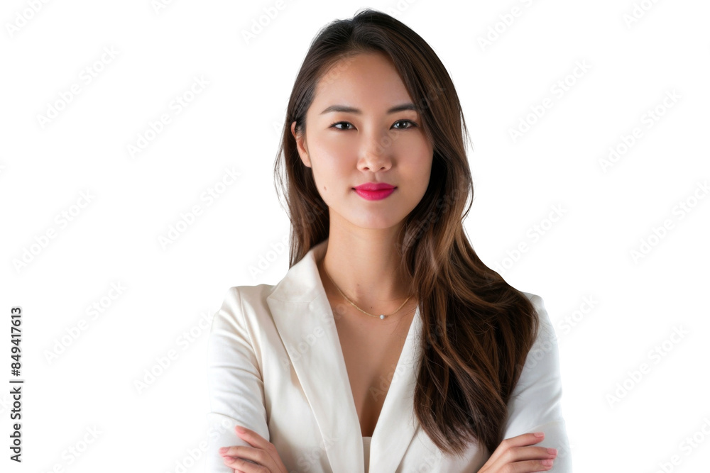 Portrait of beautiful young Asian businesswoman wear white suite and croosing arm, successful manager isolated on transparent background. Portrait of beautiful young Asian businesswoman wear white suite and croosing arm, successful manager isolated on transparent background.