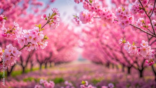 Pink cherry blossoms in full bloom, creating a delicate and serene background , cherry blossoms, pink, delicate, flowers, spring © Sompong