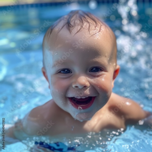 Happy Baby Enjoying a Sunny Day in the Water Pool: A Moment of Pure Bliss