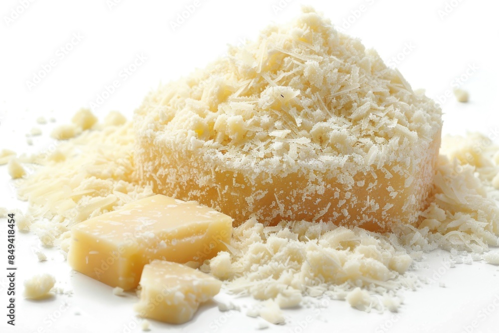 Close-up shot of shredded cheese and cheese cubes on a surface Close-up shot of shredded cheese and cheese cubes on a surface