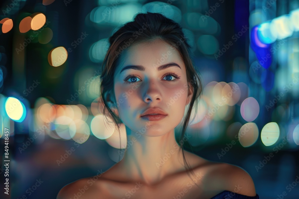 A woman wearing a blue dress looks directly into the camera, with a calm and collected expression A woman wearing a blue dress looks directly into the camera, with a calm and collected expression