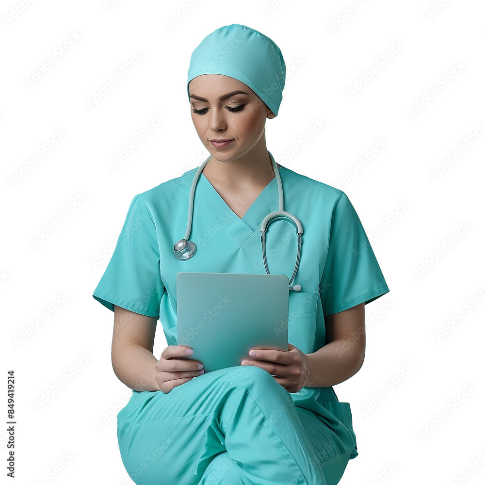 Nurse studying medical report on tablet with white background Nurse studying medical report on tablet with white background
