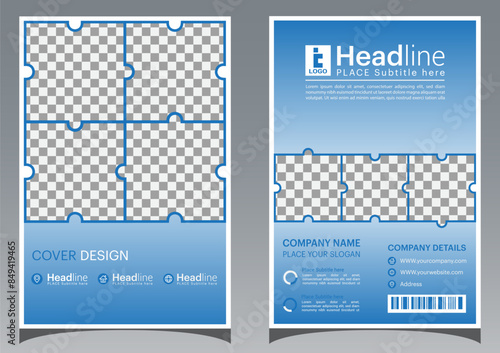 This is a professional book cover design template featuring a modern, blue-themed layout with puzzle piece photo placeholders. The design includes both front and back covers, with space for a logo, he