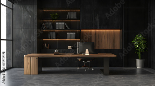 black minimalist office bookshelf The walls are wood and dark gray concrete.