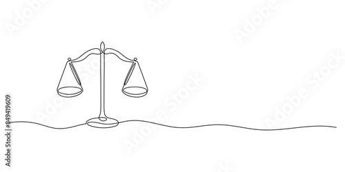 Line drawing of the balance of law and the scale of justice. Sign of equality and balance concept and company logo in simple linear style. Doodle vector illustration