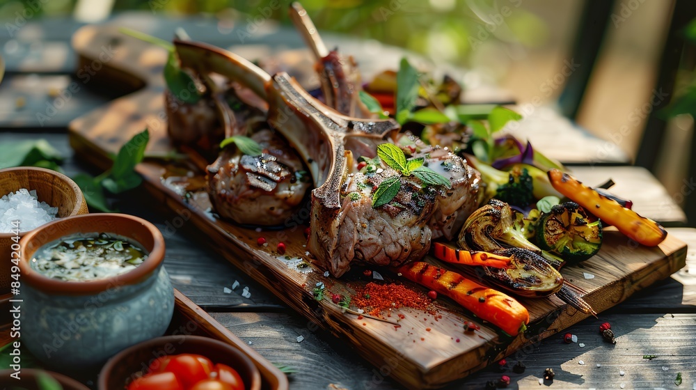 Tender Australian lamb chops with a side of roasted vegetables and mint sauce, presented on a rustic wooden board with an outdoor barbecue setting and bright natural light Tender Australian lamb chops with a side of roasted vegetables and mint sauce, presented on a rustic wooden board with an outdoor barbecue setting and bright natural light
