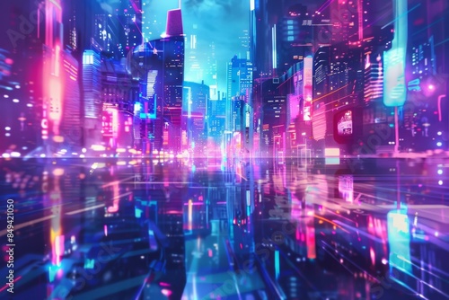Experience a mesmerizing futuristic cityscape illuminated by vibrant neon lights and shimmering reflections. © Jennie Pavl