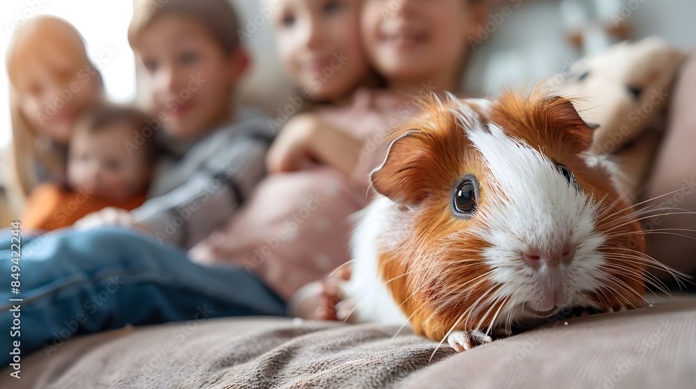 Adorable guinea pig being lovingly petted by a child,with a warm and happy family gathering taking place in the background. Adorable guinea pig being lovingly petted by a child,with a warm and happy family gathering taking place in the background.