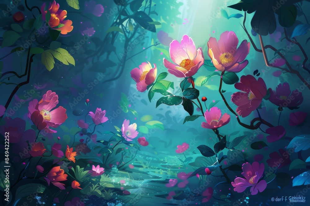 A serene and idyllic atmosphere with blooming flowers A serene and idyllic atmosphere with blooming flowers