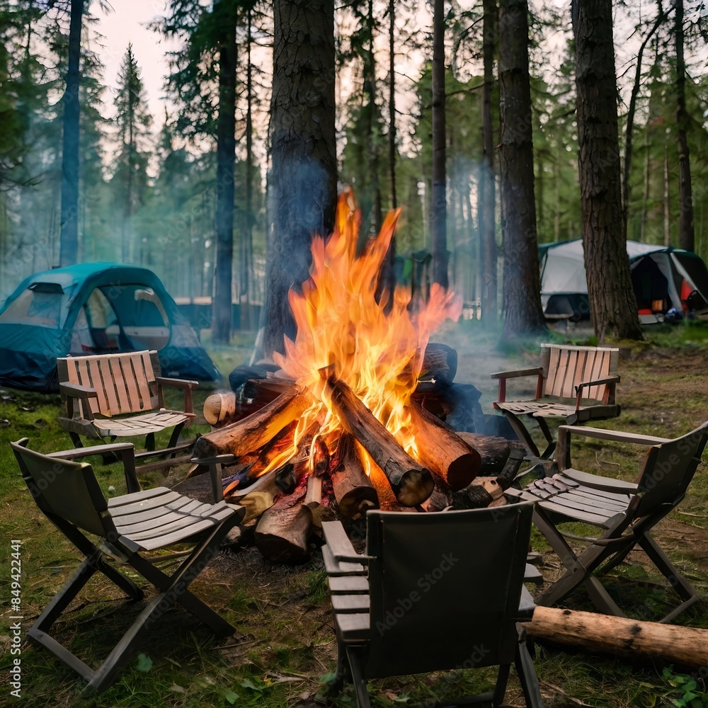Beautiful bonfire with burning firewood near chairs and camping tent in forest. Campfire by a chairs and a tent created by generative ai Beautiful bonfire with burning firewood near chairs and camping tent in forest. Campfire by a chairs and a tent created by generative ai