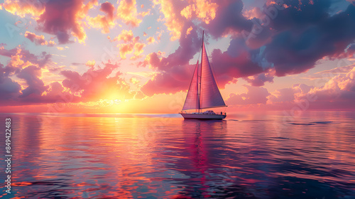 Sailing catamaran on a background of a beautiful sunset in the sea photo