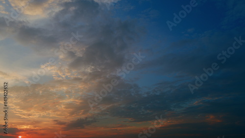 Different shades colored cirrus clouds during sunset. Only sky above horizon. Timelapse. photo