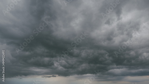 Beautiful dark dramatic sky with stormy clouds before rain or snow. Thunderstorm heaven landscape. Timelapse.