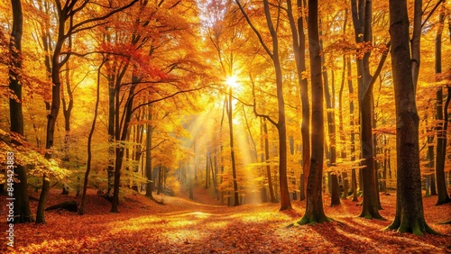 Golden autumn forest with yellow and red leaves and sunlight breaking through the trees , autumn, forest, golden, leaves, trees © Sanook