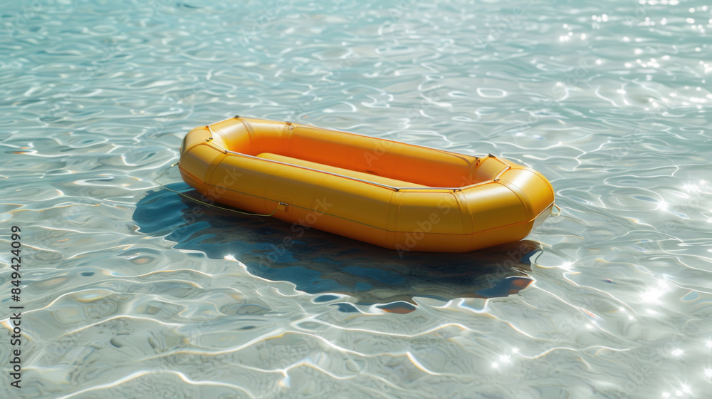 Yellow inflatable boat floating on clear, calm water under the sunlight, creating a tranquil and serene scene perfect for summer and leisure. Yellow inflatable boat floating on clear, calm water under the sunlight, creating a tranquil and serene scene perfect for summer and leisure.