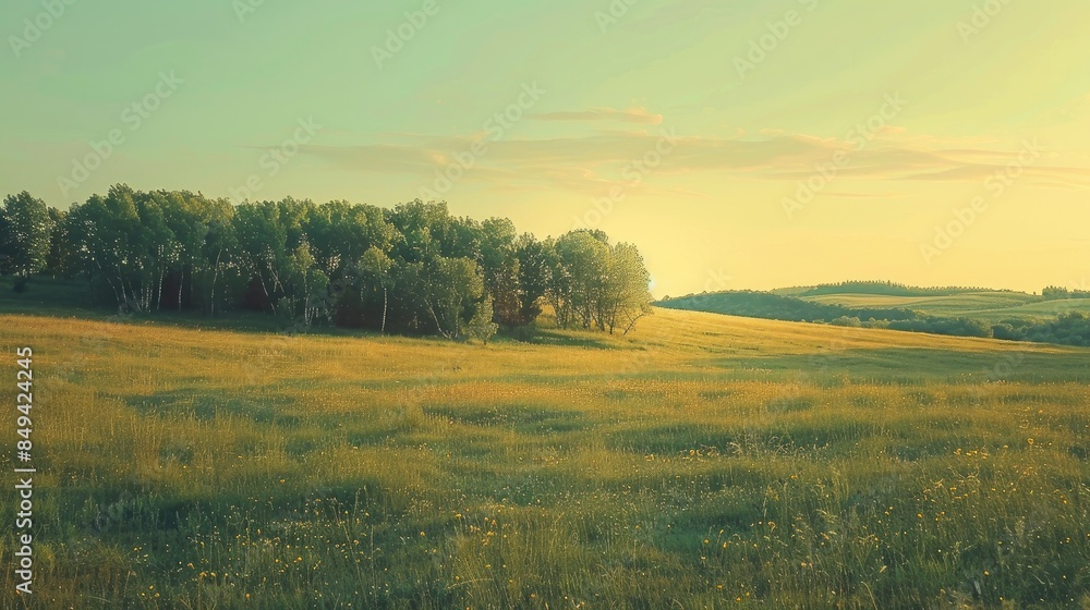 Obraz premium Grassy field with trees in the distance