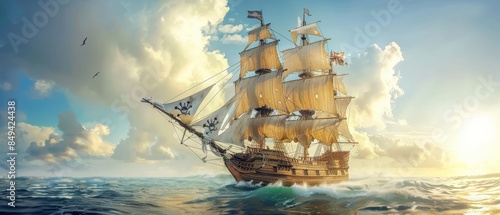 A pirate ship sailing the Caribbean Sea during the golden age, with the  flag billowing, as swashbuckling buccaneers prepare for a treasure hunt, embodying the adventure and legend  photo