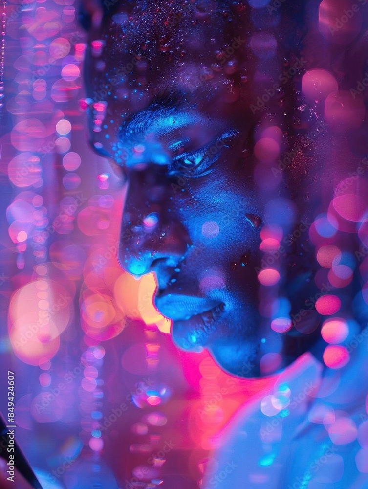 Man holding phone, purple background, soft lighting, closeup, modern art style, focused expression, bokeh effect Man holding phone, purple background, soft lighting, closeup, modern art style, focused expression, bokeh effect
