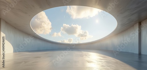 Circular architectural building with an empty concrete floor and a white cloud sky background, depicted in a 3D rendering for a sleek, open space design.