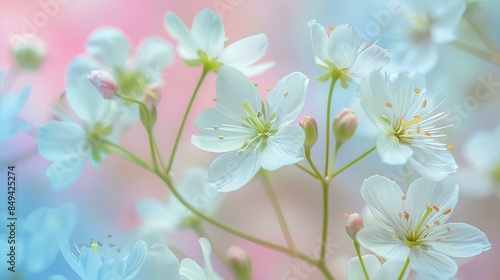 Delicate small white flowers bloom against a soft blue and pink background in a close-up macro shot, each petal and stamen captured in stunning HD detail © Pathaan Creative Hub