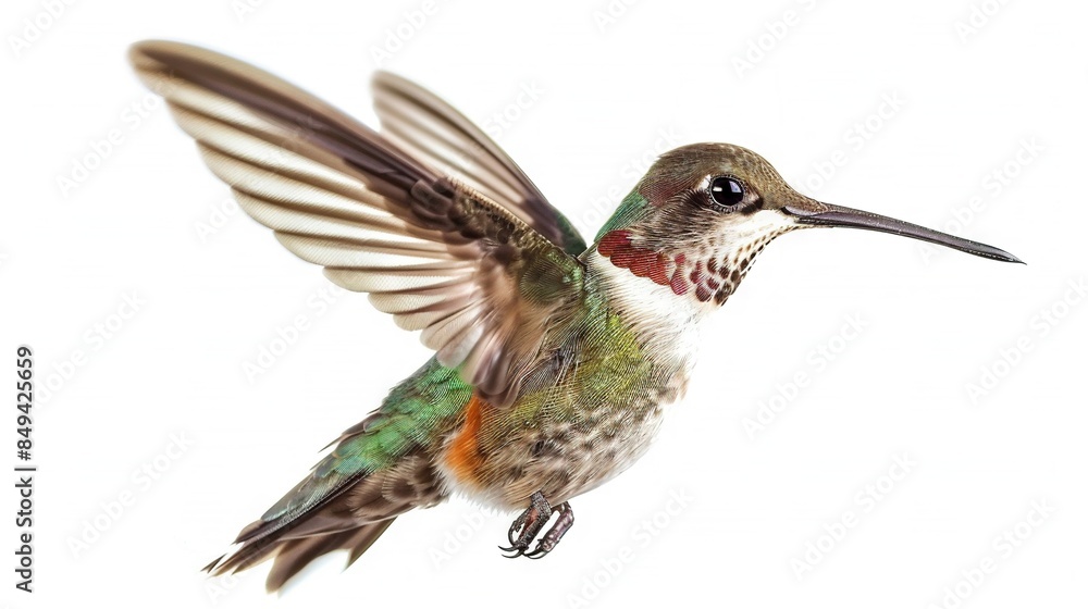 Fototapeta premium A hummingbird gracefully flaps its wings in flight against a pure white backdrop