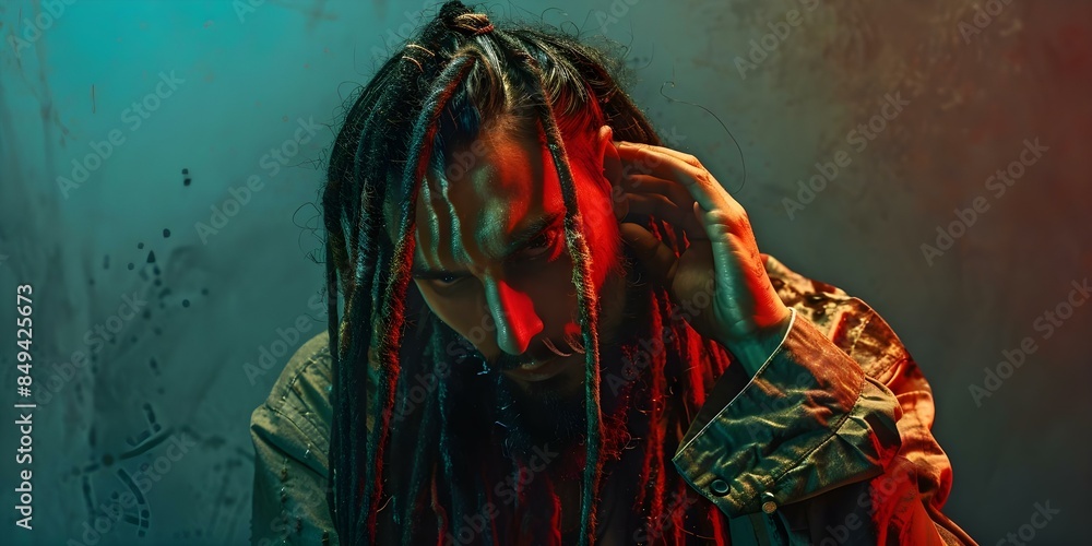 Fototapeta premium Portrait of a man with dreadlocks portraying a fictional character in a studio. Concept Studio Photoshoot, Character Impersonation, Dreadlock Hairstyle, Fictional Person, Creative Portraits