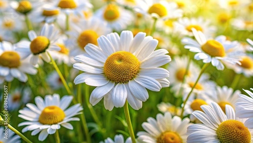 White garden chamomile flowers with yellow centers blooming in a field, garden chamomile, white flowers
