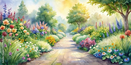 Tranquil watercolor garden path with blooming flowers and greenery, serene, fresh, watercolor, garden #849426008