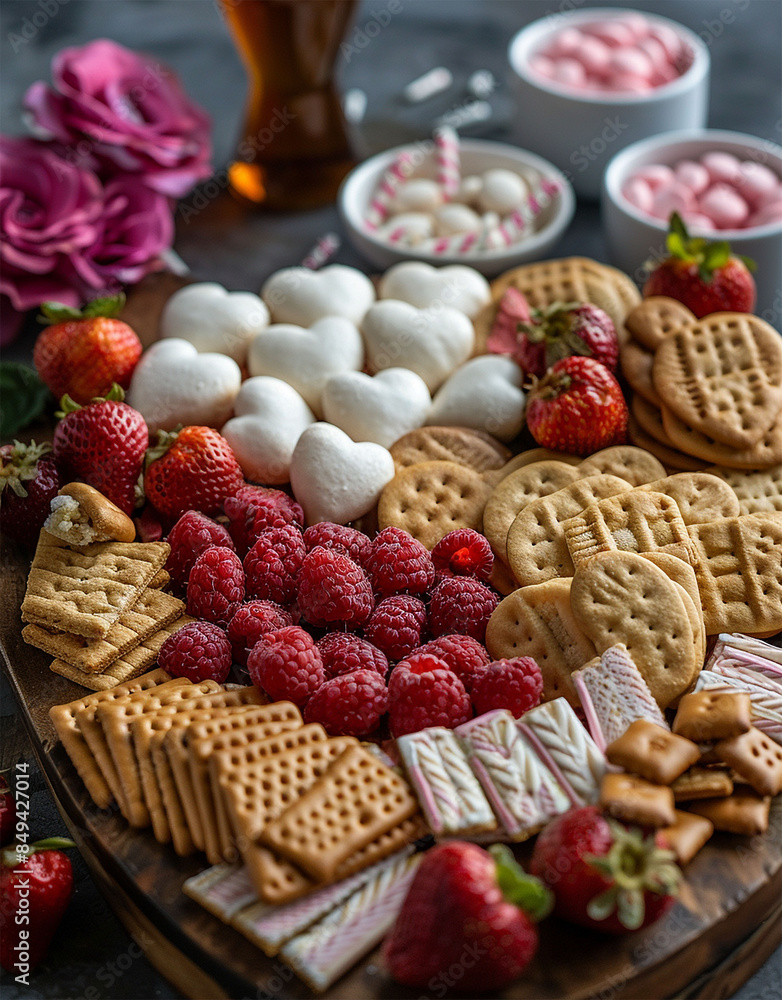 Cute board with hCute board with heart shaped crackers and other items. Cute board with hCute board with heart shaped crackers and other items.