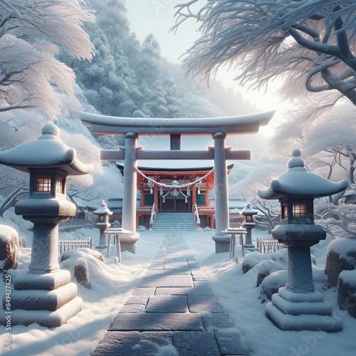 冬の神社と雪景色 / Winter Shrine with Snowy Landscape photo