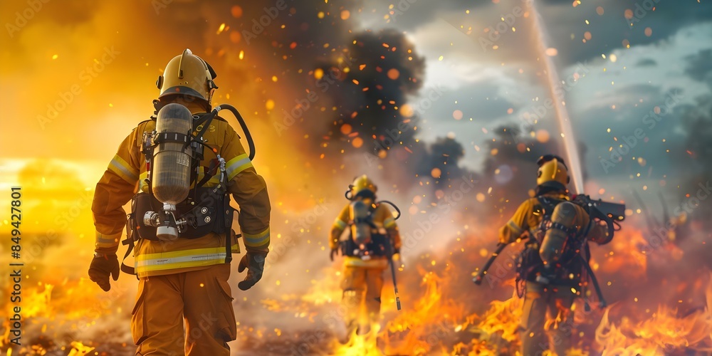 Fototapeta premium Leveraging Advanced Technology to Combat and Rescue from Blazing Flames. Concept Firefighting Drones, Thermal Imaging Solutions, Smart Firefighting Gear, AI-Powered Emergency Response