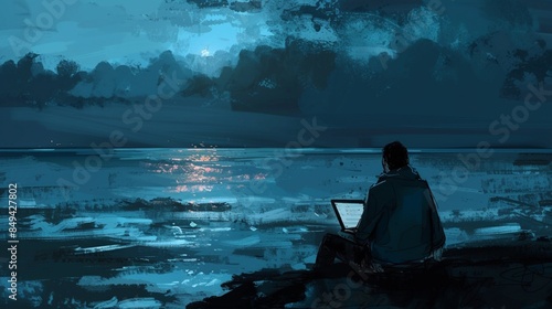 hombre en laptop con vista al mar © usman