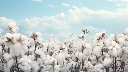 photograph of a field of blossoming organic white natural cotton plants swaying gently in the breeze, creating a mesmerizing sea of white photo